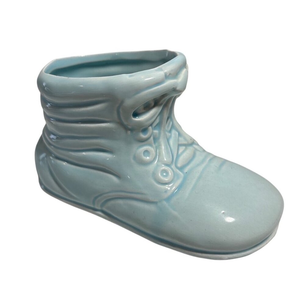 Ceramic Baby Shoe Planter Birth Announcement Light Blue Japan 4.5" Long 2.5" Tal